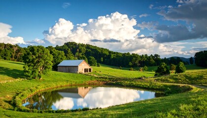Obraz premium A serene rural landscape showcases a tranquil pond reflecting a wooden barn nestled amidst rolling hills and lush greenery under a vibrant sky.