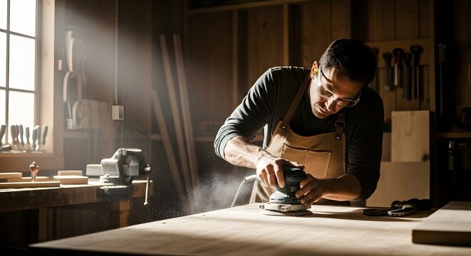Man sanding wood with power sander in workshop with safety glasses and apron in bright sunlight