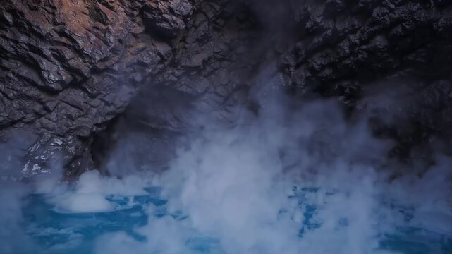 Igneous Rock Cavity with Exceptionally Azure and Heated Geothermal Spring Adjacent to Lake in Nordic Country