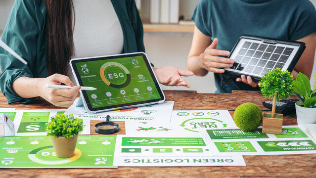 Business professionals discuss environmental social governance strategy analyzing net zero targets and green logistics solutions for sustainable future