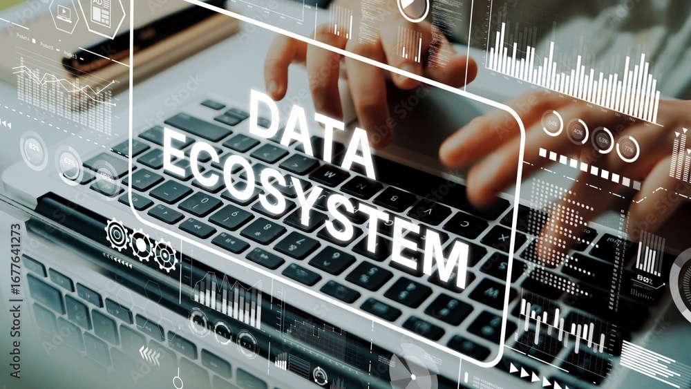 Poster focused hands typing on laptop keyboard surrounded by data ecosystem graphics and analytics visuals 