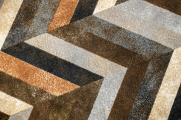 Geometric carpet texture with chevron zigzag bands in brown beige gray tones full frame overhead...