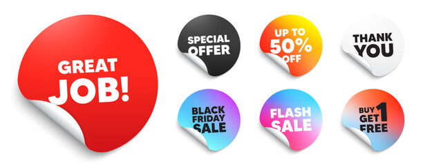 Great job red sticker tag. Special offer paper price tags. Great job tag. Recruitment agency sign. Hire employees symbol. Discount, black friday sticker. Promo banner. Vector