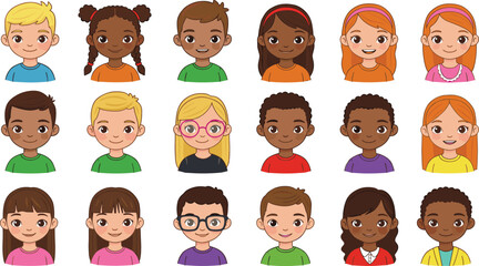 Diverse cartoon kids faces, boys and girls, smiling children, different hairstyles, skin tones, multicultural avatars, happy kids, diverse youth portraits, kids icons