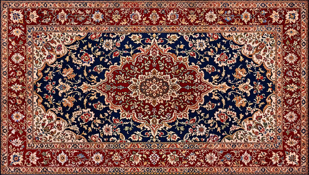 Traditional oriental carpet with detailed floral patterns in red, blue and beige featuring central medallion and ornamental border