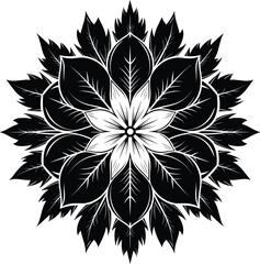 Black and white floral mandala vector, intricate leaf pattern, symmetrical nature design, decorative round artwork, elegant botanical motif, flat vector illustration