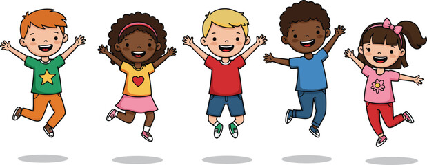 Diverse kids jumping, happy children, multicultural group, joyful boys and girls, smiling kids, playful children, diverse childhood, vector illustration, kids having fun