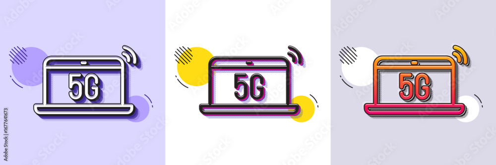 Poster 5g notebook line icon. halftone dotted pattern. gradient icon with grain shadow. wireless technology