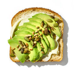 healthy breakfast sandwich with sliced avocado and seeds