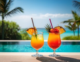 close up of two vibrant tropical drinks with colorful garnishes by the poolside with ocean view and palm trees under bright summer sunlight