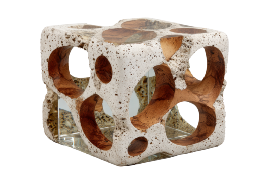 Eroded stone lattice cube with rim lighting and floating dust particles on transparent background