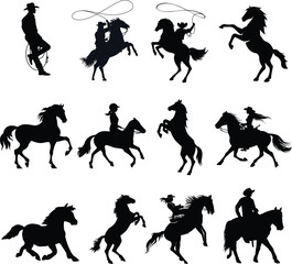 Dynamic silhouettes of cowboys and horses in action, capturing the spirit of the Wild West.