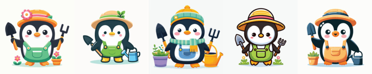 cute penguin vector gardening in the garden