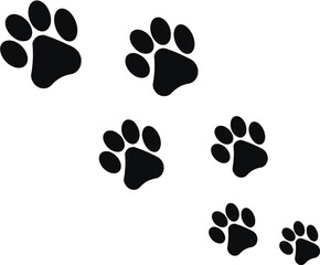 Simple black paw prints trail across a clean white background, suggesting a playful pet's journey.