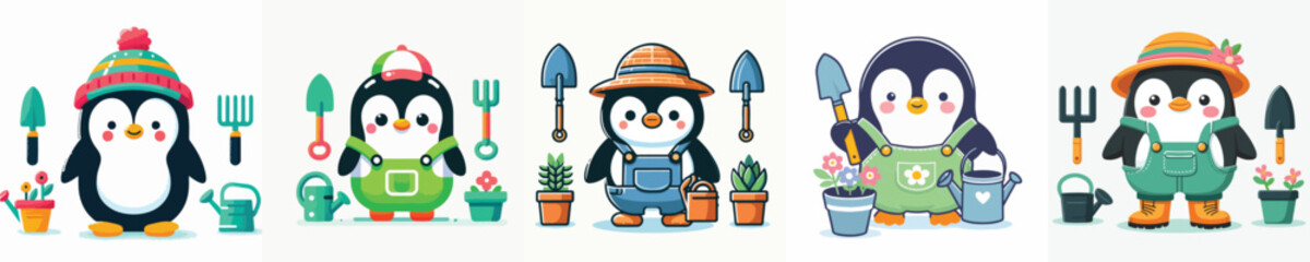 cute penguin vector gardening in the garden
