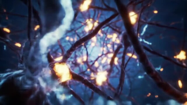 A loopable journey through a neuron cell network inside the brain with techno blue electric impulses and synapses.