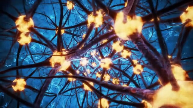 A loopable journey through a neuron cell network inside the brain with techno blue electric impulses and synapses.