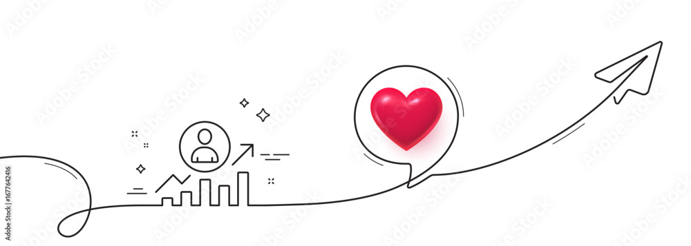 Poster business results line icon. continuous line with share plane. career growth chart sign. 3d heart in 