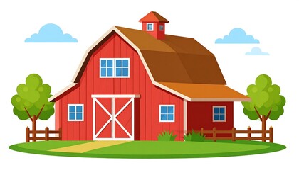 A vibrant, cartoon-style illustration of a charming red barn nestled in a grassy field, complete with small trees and a simple wooden fence, conveying a peaceful and idyllic rural scene.