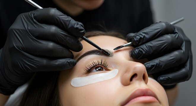Woman receiving eyebrow treatment with black gloved hands holding brushes in a beauty salon setting