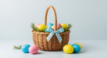 Easter Basket with Colorful Eggs and Blue Ribbon.