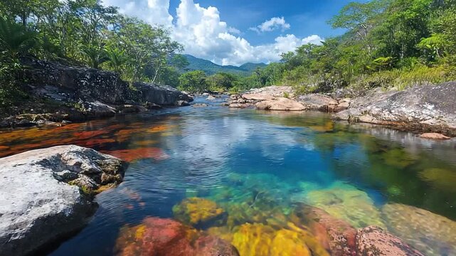 rainbow-colored ca&ntilde;o cristales river near la macarena, colombian landscape video zoom out 