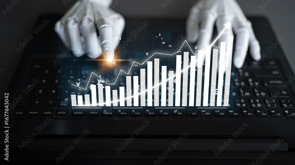 Poster a modern robot hand interacts with a digital financial graph on a laptop screen, illustrating advanc