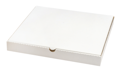 Blank empty white square pizza box closed isolated on white cut out copy space cardboard food packaging container delivery takeaway unbranded paperboard carton with lid and notch mockup template angle