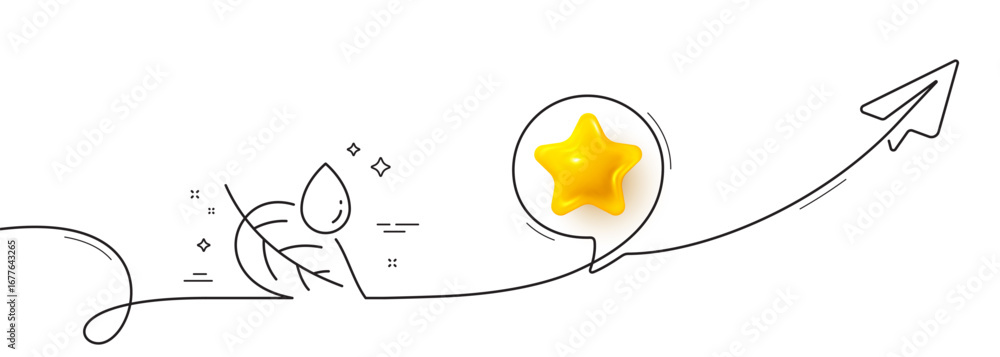 Poster leaf with water drop line icon. continuous line with share plane. nature plant dew sign. environment