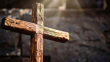 A weathered wooden cross bathed in sunlight against a stone wall