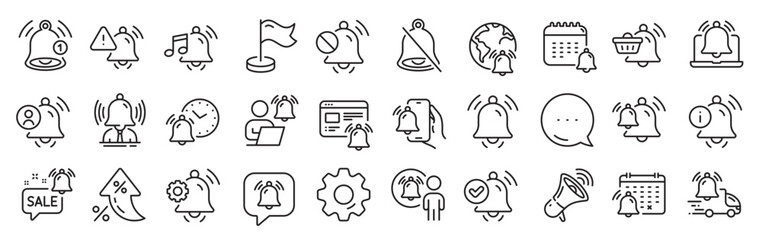 Notification line icons. Settings gear, Message, Inflation icons. Alarm Clock, Calendar Reminder, Notification Bell. User Message Alarm, Phone ring, Sale offer line icons. Vector