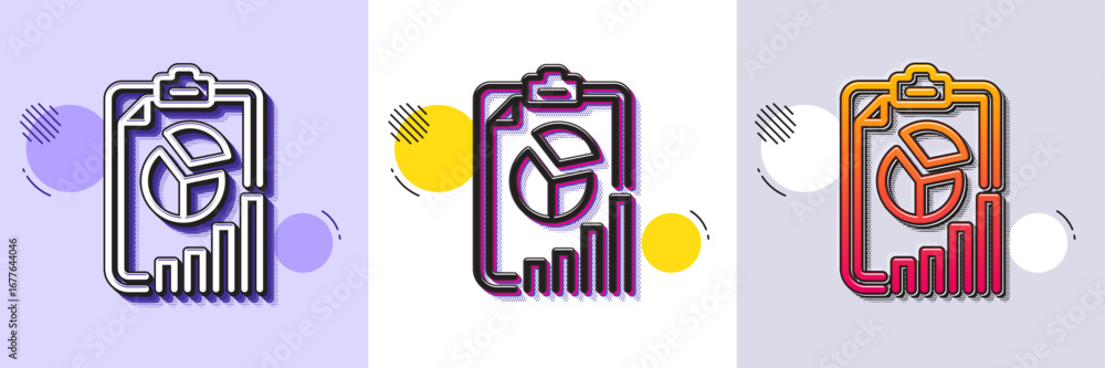 Poster report line icon. halftone dotted pattern. gradient icon with grain shadow. column graph, pie chart 