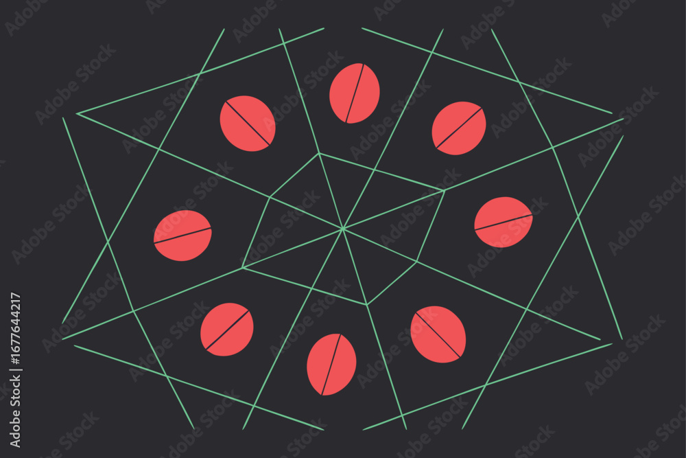 Aufkleber abstract geometric pattern with red circles and light green lines on dark background modern design a