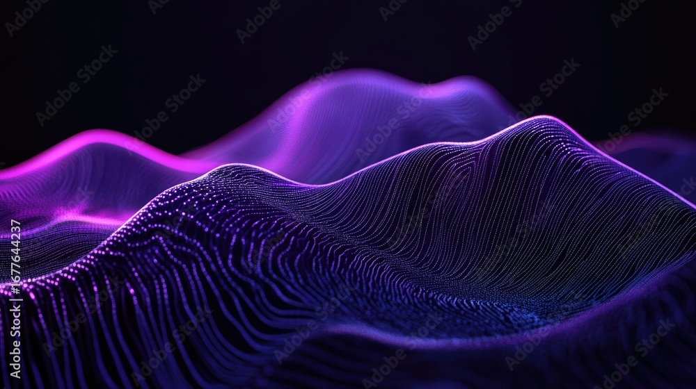 Poster abstract purple waveform: digital data visualization on dark background