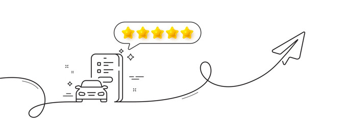 Car registration line icon. Continuous line with share plane. Online warranty sign. Mobile phone app symbol. Five star rate review in speech bubble. Car registration single line ribbon. Vector