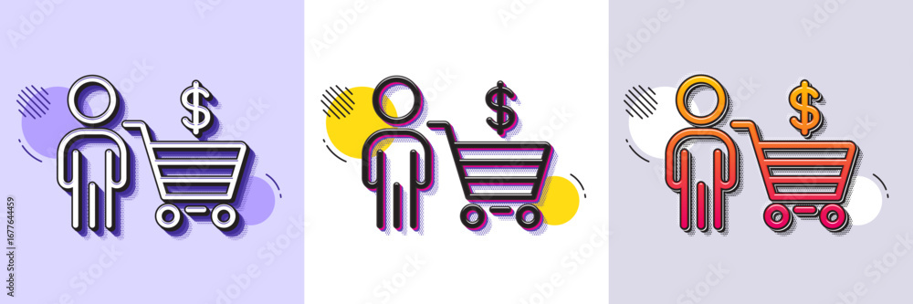 Poster buyer with shopping cart line icon. halftone dotted pattern. gradient icon with grain shadow. custom