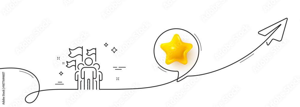 Poster leadership line icon. continuous line with share plane. success flag sign. teamwork symbol. 3d star 