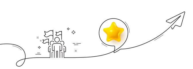 Leadership line icon. Continuous line with share plane. Success flag sign. Teamwork symbol. 3d star in speech bubble. Leadership single line ribbon. Loop curve pattern. Vector