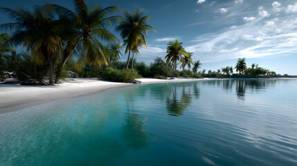 A breathtaking tropical ladscape with turquoise wate, palm trees swaying gentl, and soft white sand.