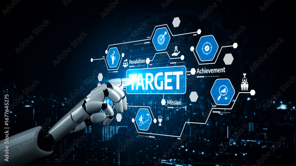 Poster a futuristic robotic arm points at a blue target symbolizing goals and achievement, complemented by 