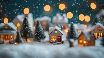 Fototapeta premium Cozy miniature snowy village with warm lights and festive christmas tree decorations at night