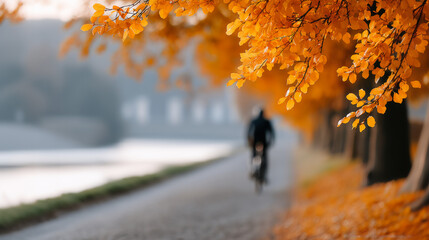 Obraz premium Cyclist Riding Through Autumn Leaves Along a Calm Canal