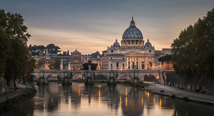 Fototapeta premium Captivating view of Vatican City and Tiber River during sunset twilight hours in Rome