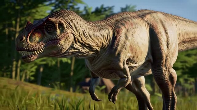 A cinematic 3D animation of an Allosaurus in a prehistoric habitat, with realistic dinosaur motion and detail.