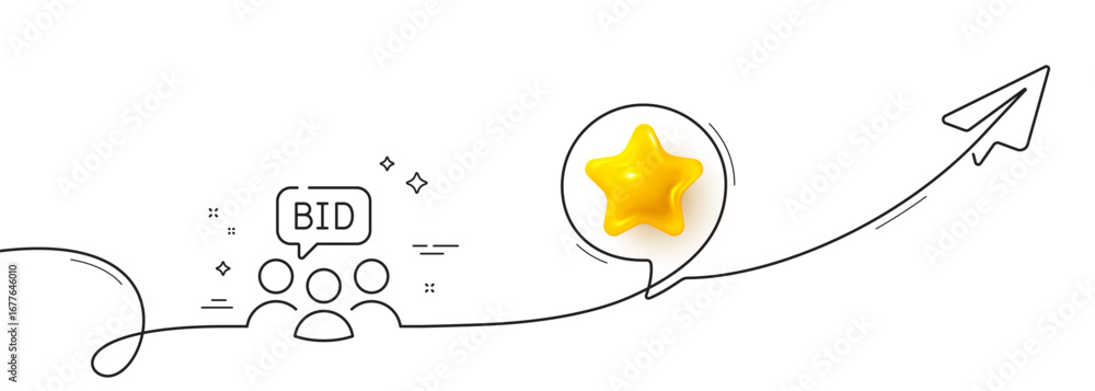 Poster auction line icon. continuous line with share plane. bid offer sign. raise the price up symbol. 3d s