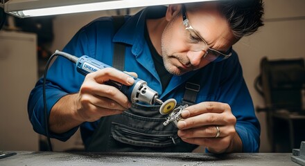Man using rotary tool on metal part wearing safety glasses and blue overalls in a workshop setting