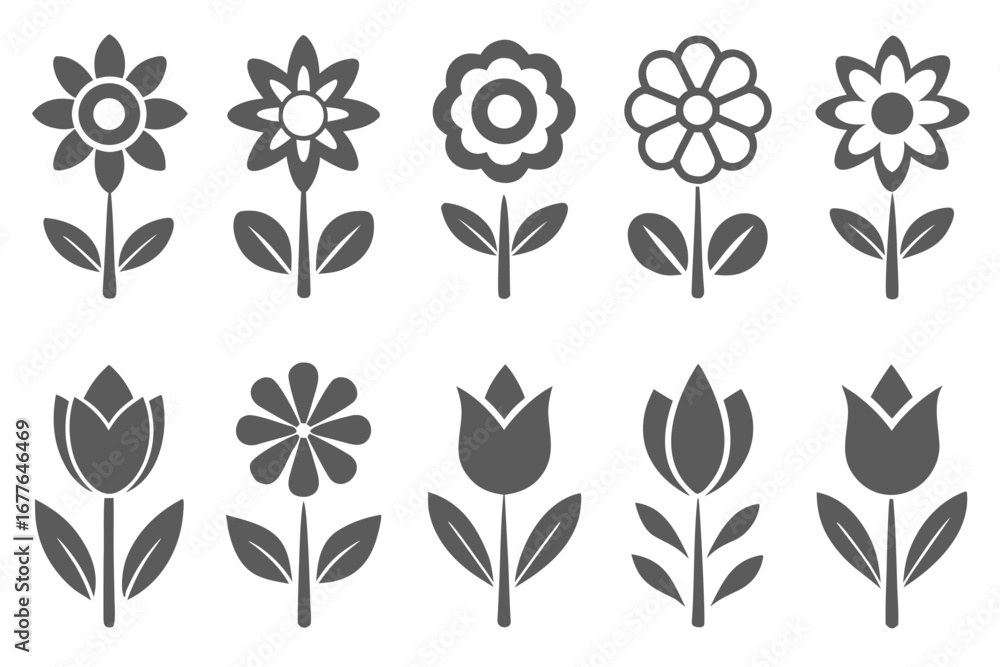 Poster collection of simple flower icons in gray color different styles and shapes floral vector set botani