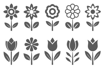 Collection of Simple Flower Icons in Gray Color Different Styles and Shapes Floral Vector Set Botanical Design Elements Spring Summer Graphic Illustrations