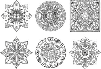 Intricate hand-drawn mandala patterns, floral geometric designs, circular and square ornaments, black and white vector art, decorative elements illustration