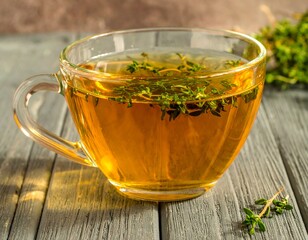 Herbal tea in glass cup, sprigs of fresh thyme